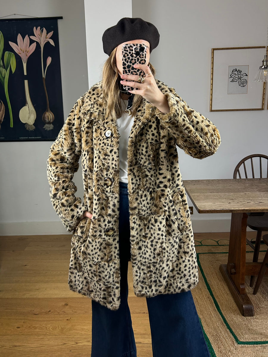 Leopard Faux Fur Coat - M