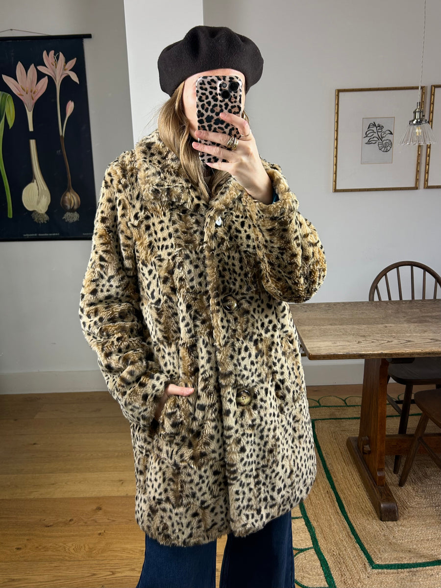 Leopard Faux Fur Coat - M