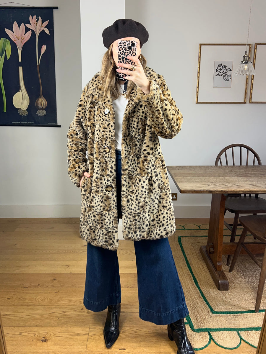 Leopard Faux Fur Coat - M