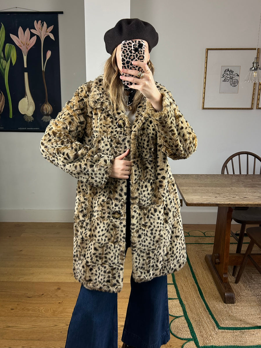 Leopard Faux Fur Coat - M