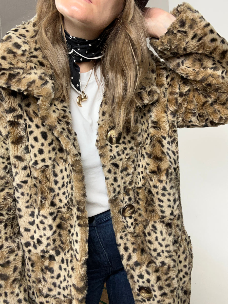 Leopard Faux Fur Coat - M