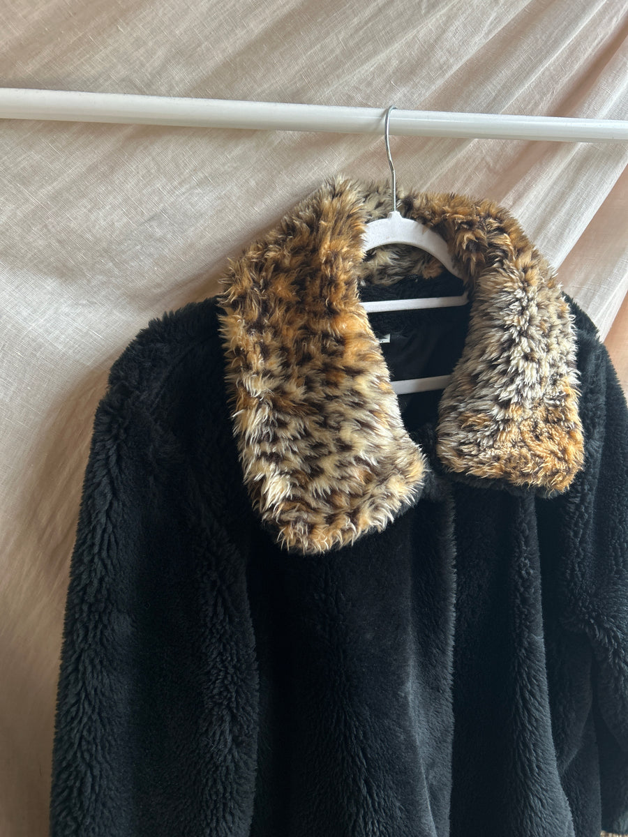 Black & Leopard Faux Fur Coat - M