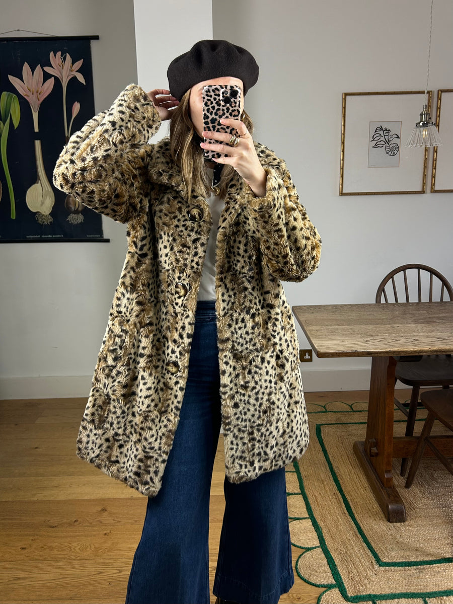 Leopard Faux Fur Coat - M