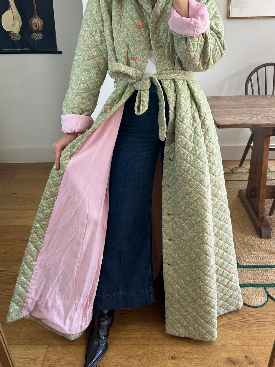 Green Quilted House Coat - M Tall