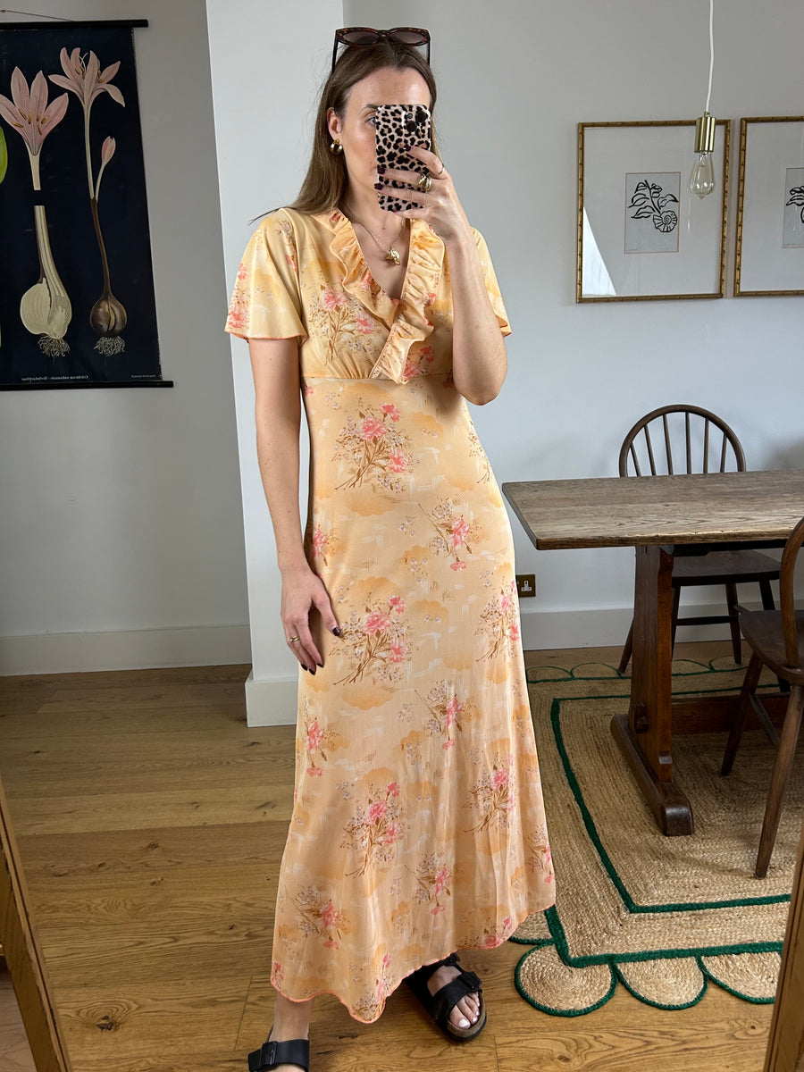 Peach Floral Ruffle Dress - UK 10