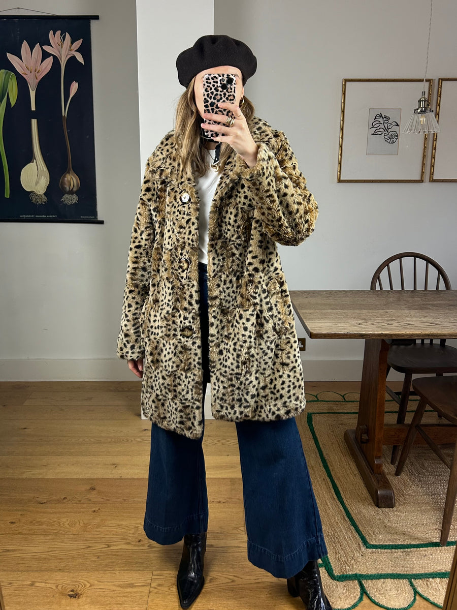 Leopard Faux Fur Coat - M