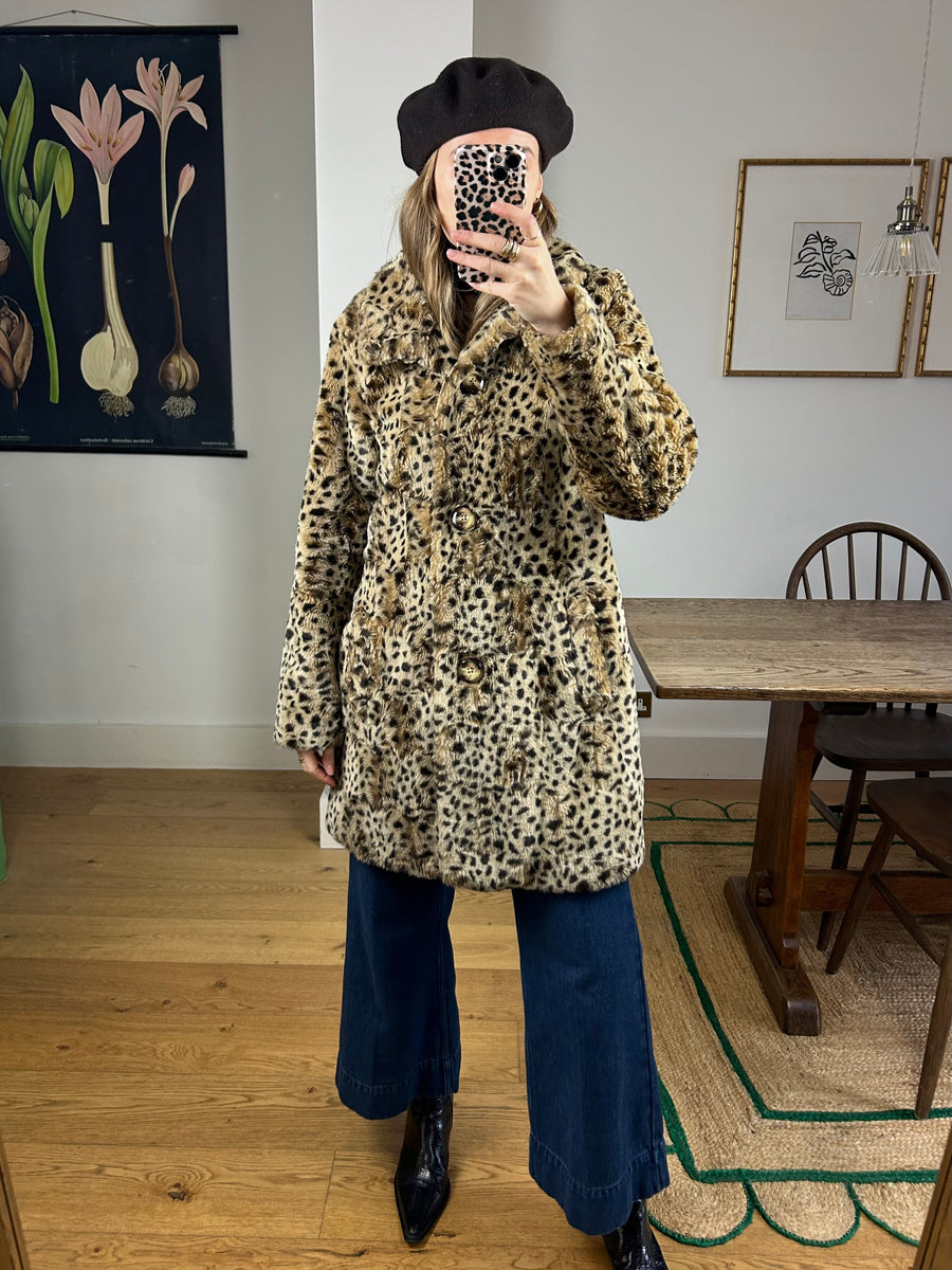 Leopard Faux Fur Coat - M