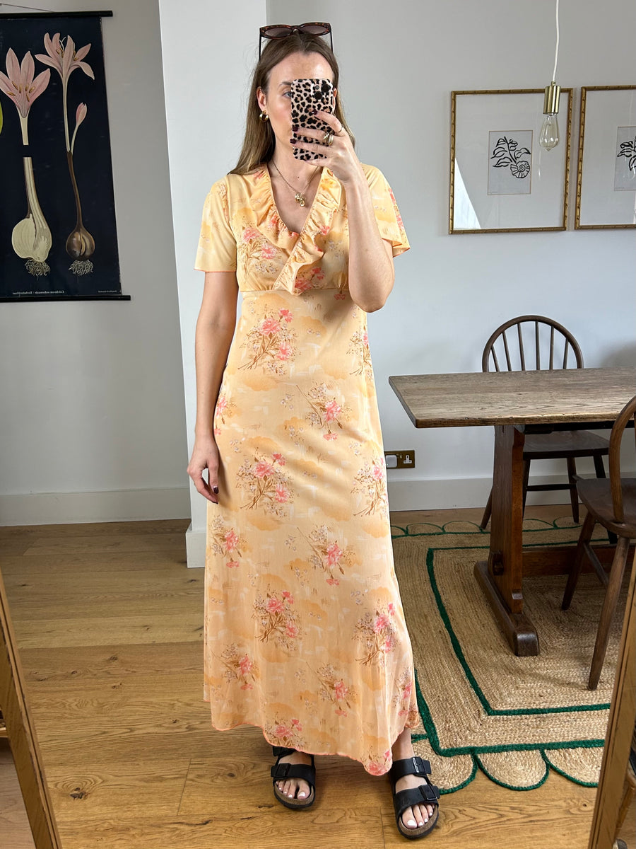 Peach Floral Ruffle Dress - UK 10